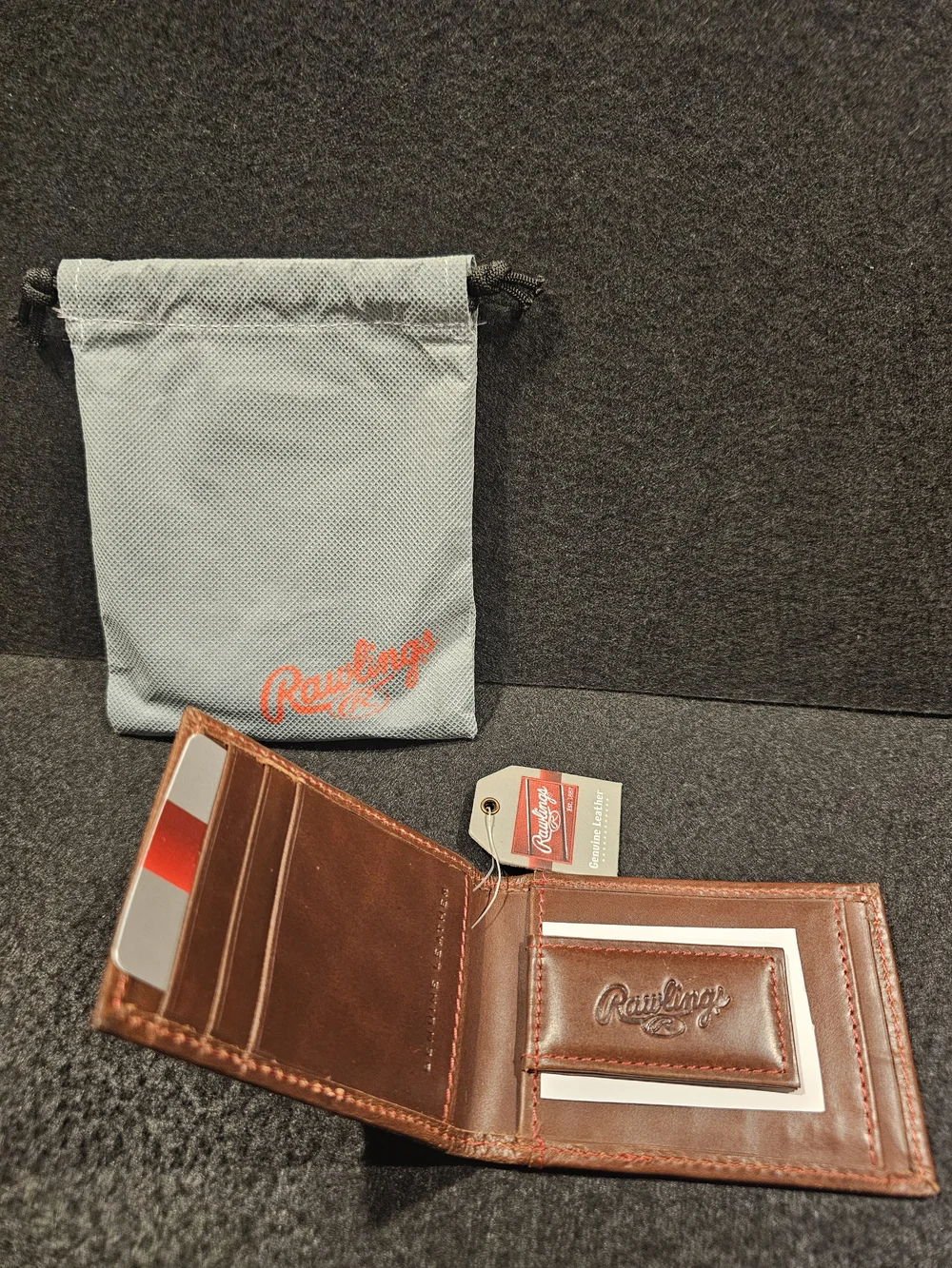 Rawlings Brown Leather Card Holder with Gray Drawstring Pouch